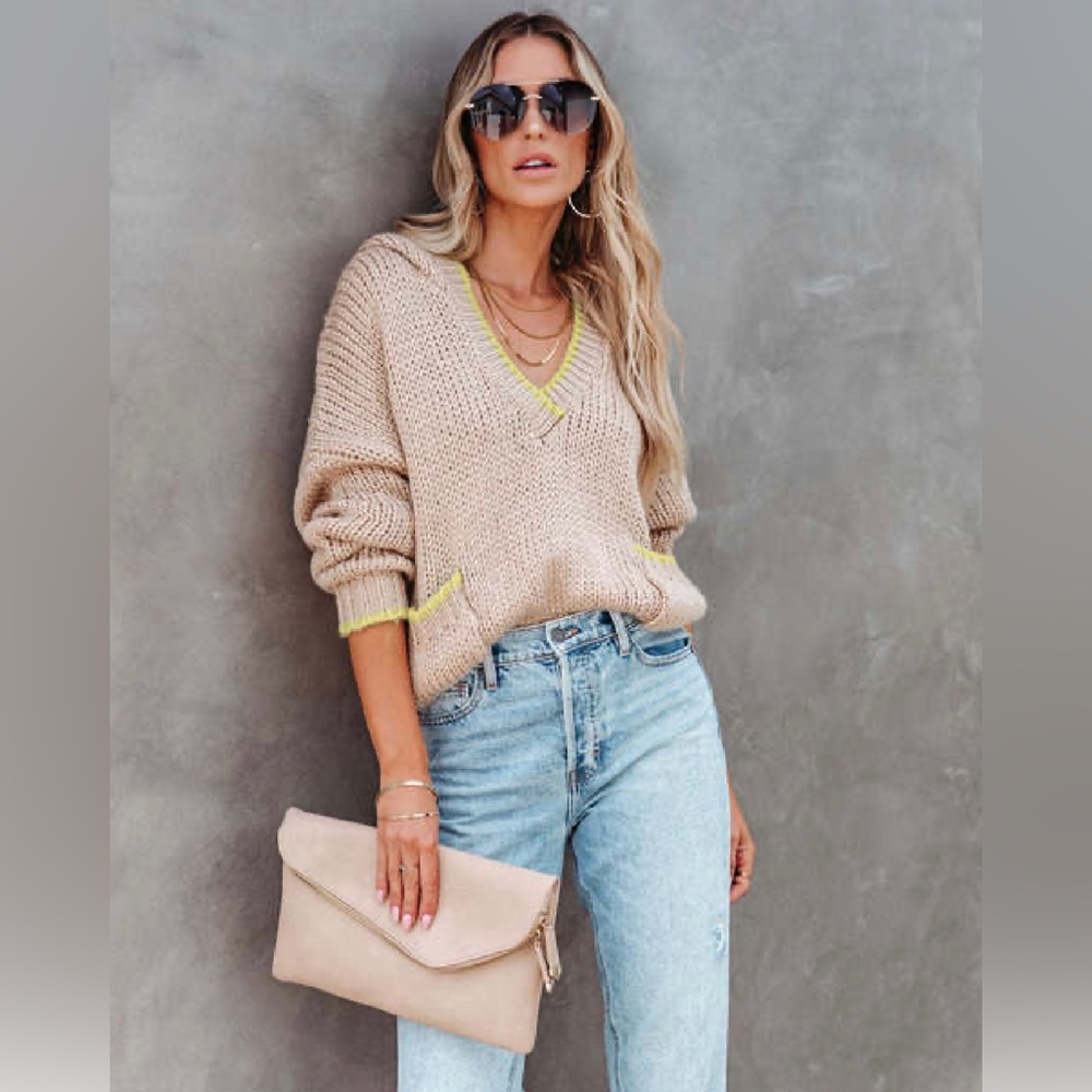 Vici | Cozy Fall Vibes Pocketed Hooded Knit Sweater | Camel/Yellow | XS